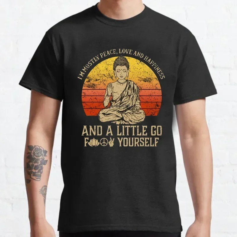 Vintage Buddha Namaste Yoga Zen Master T Shirt I'm Mostly Peace Love Happiness Graphic Tshirts Women Men Casual Camisetas Tops