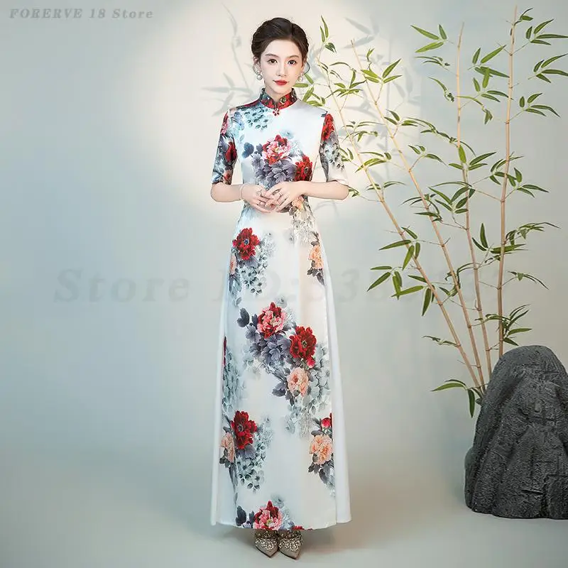 

Модный показ, длинное китайское традиционное платье Cheongsam Ao Dai, большие размеры 5XL, классический танцевальный костюм, сценическое платье Ципао