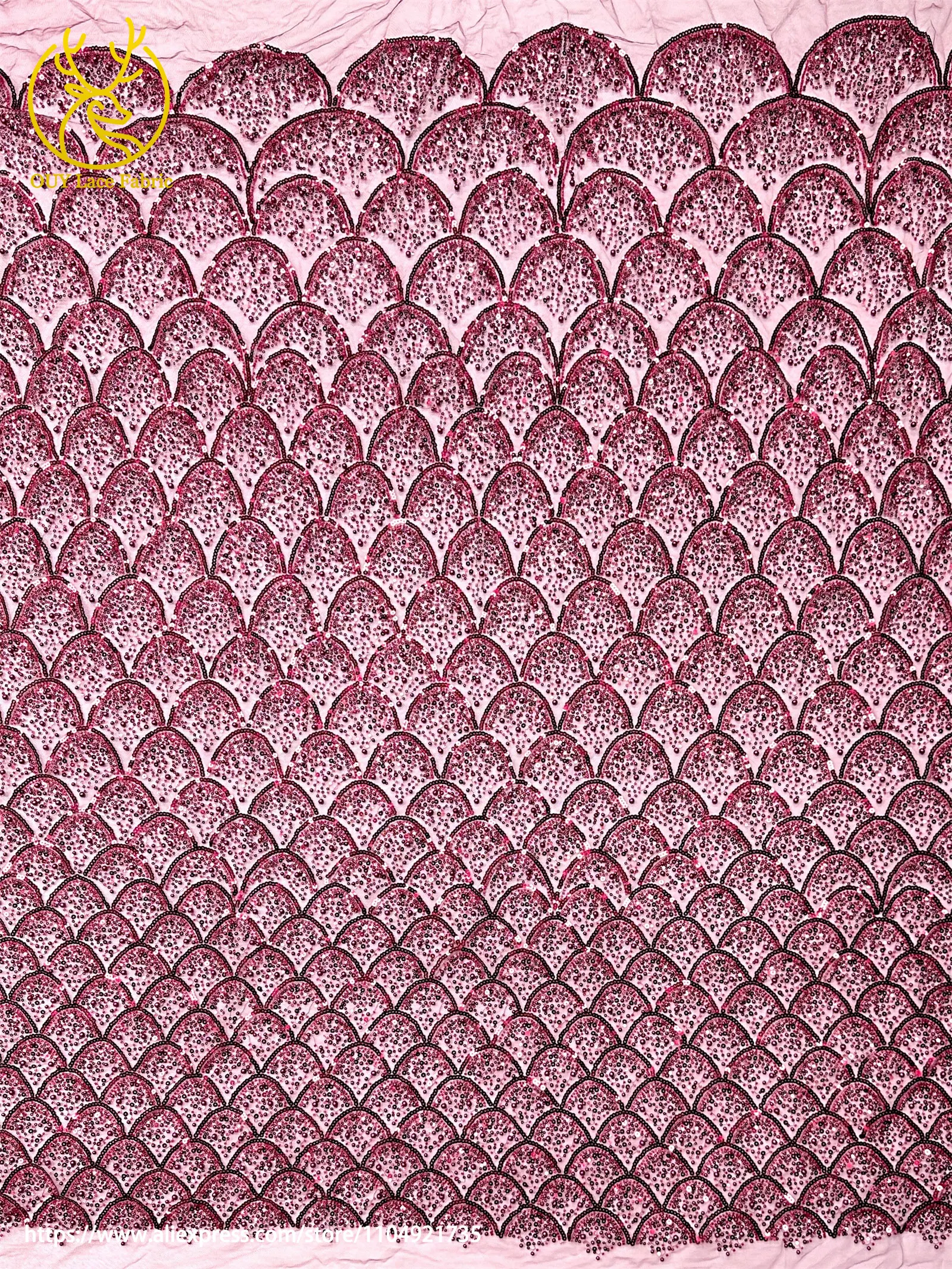 Burgunderroter afrikanischer Perlenstickerei-Mesh-Spitzenstoff, eleganter nigerianischer französischer Pailletten-Tüll-Spitzenstoff für Frauen, Partykleider – Detail 9