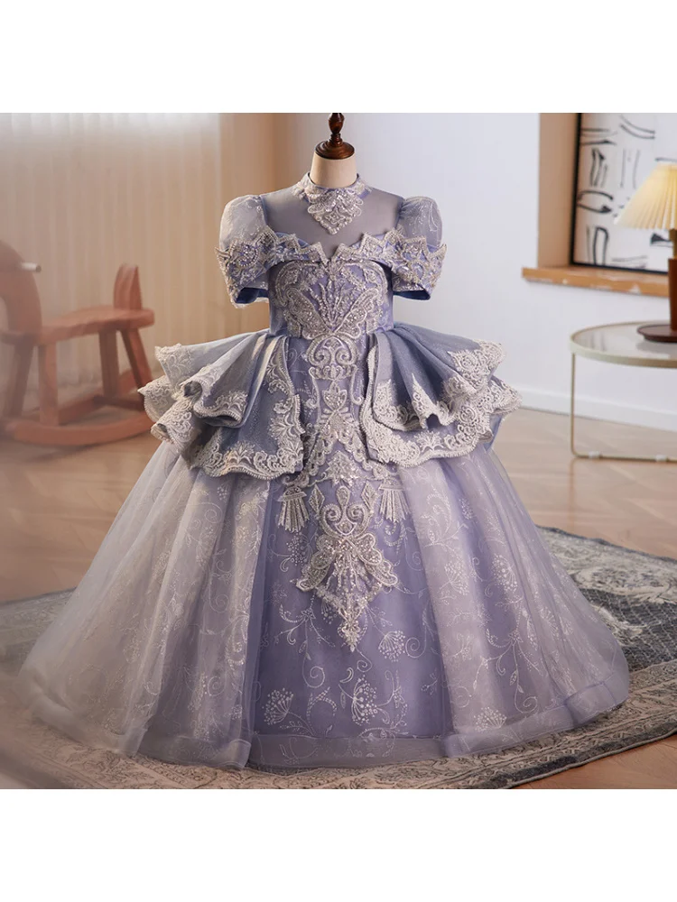 Children's High-End Formal Dress Princess Gown Puffy Tulle Flower Girl Wedding Host Little Girl Piano Performance Dress Purple S