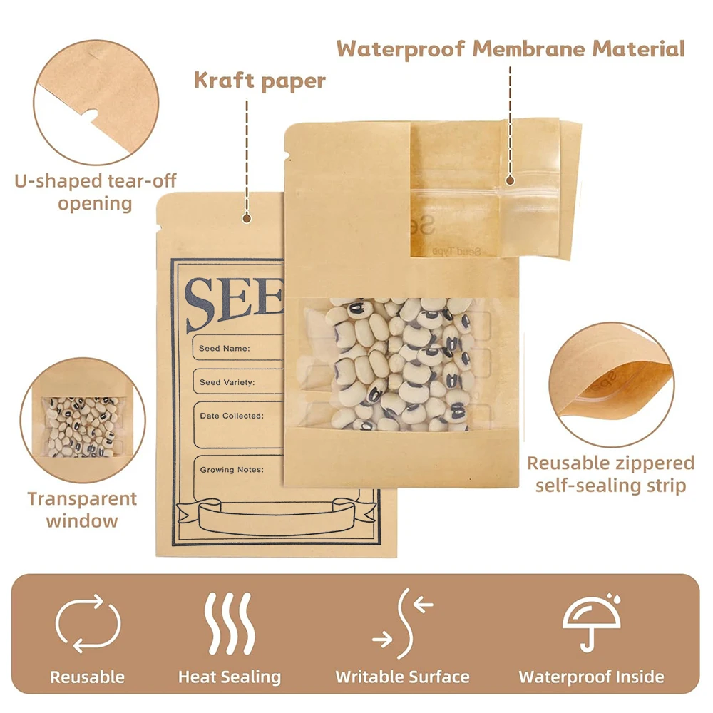 50pcs Resealable Clear Window Seed Envelopes Bag Saver Bags, Printed Kraft Paper Seed Packets Storage Bag With Garden Tools