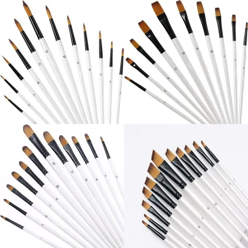 【Y】12Pcs Nylon Hair Wooden Handle Watercolor Paint Brush Pen Set Learning DIY Oil Acrylic Painting Art Paint Brushes Supplies