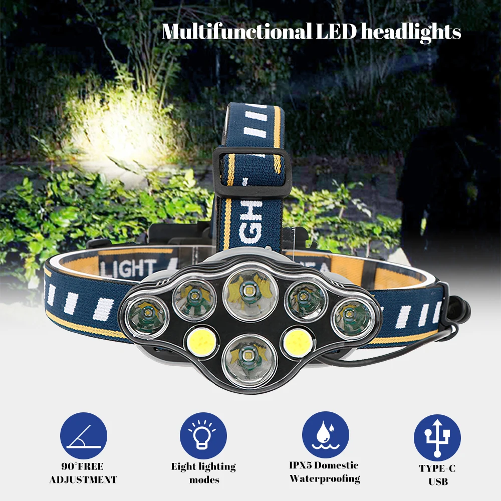 LED Headlamp USB Rechargeable Headlight LED COD 90° Waterproof Head Torch 8Mode Camping Fishing Bright Forehead Flashlight