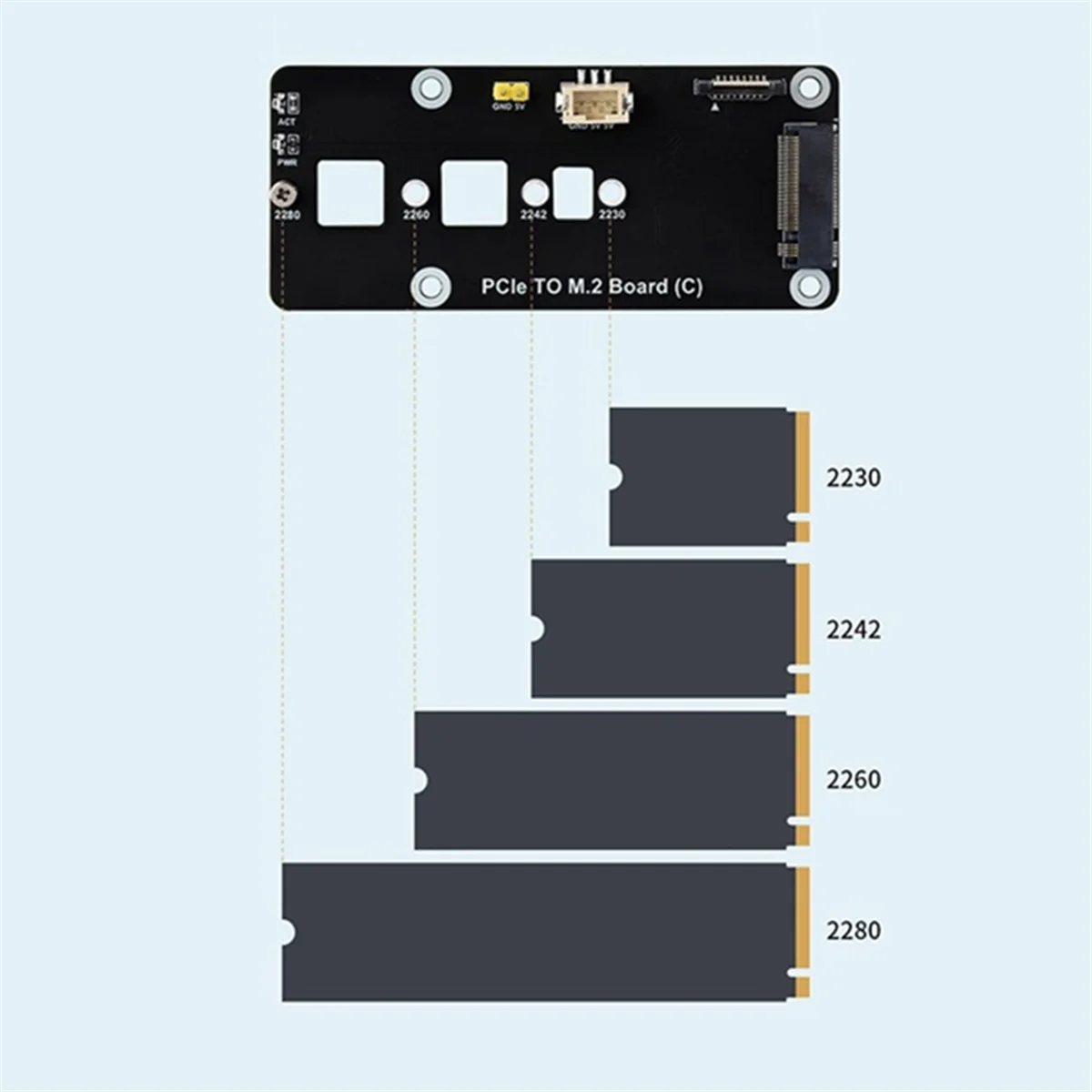 For RPi 5 PCIE to M.2 Adapter Board for Raspberry Pi 5 PCIE to M.2 NVMe 2230/2242/2280/2260 SSD Expansion Board