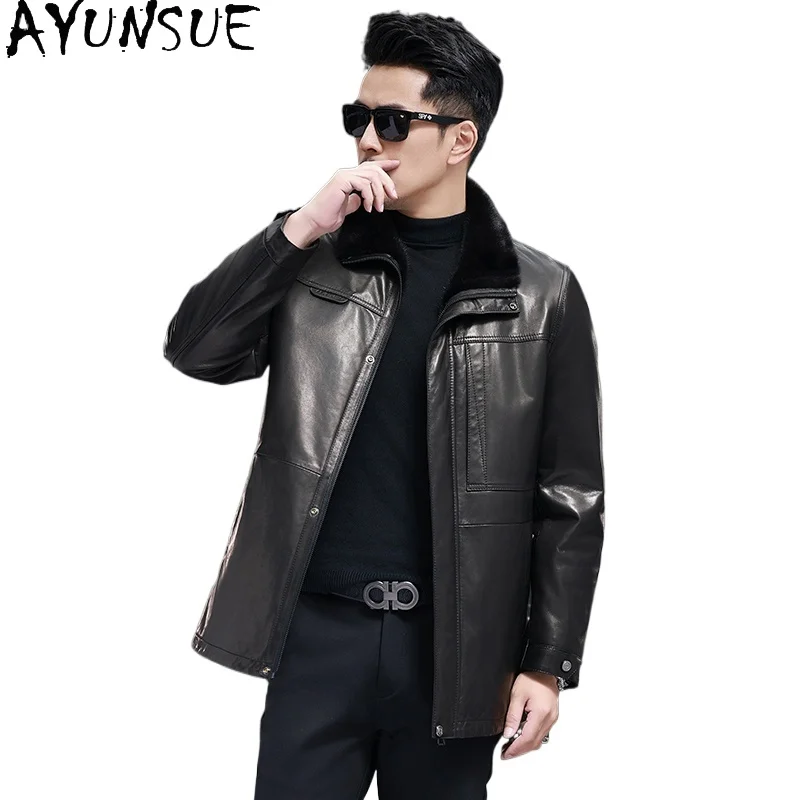

AYUNSUE Куртки из натуральной козьей кожи, мужские роскошные зимние пальто на подкладке из норки 2025 года, мужская кожаная куртка средней длины, теплые меховые пальто
