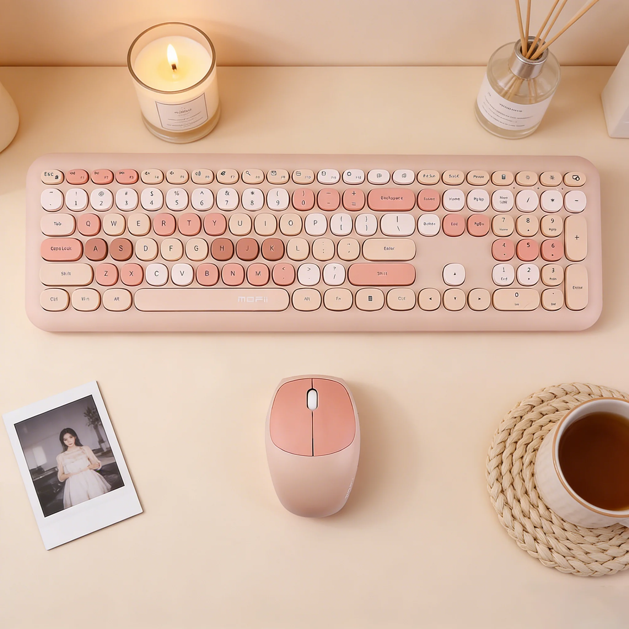 Combo de Teclado y Ratón Inalámbrico MOFii 668, Degradado Color Té con Leche, Teclado Completo Silencioso de 2.4G, Distribución QWERTY Estadounidense
