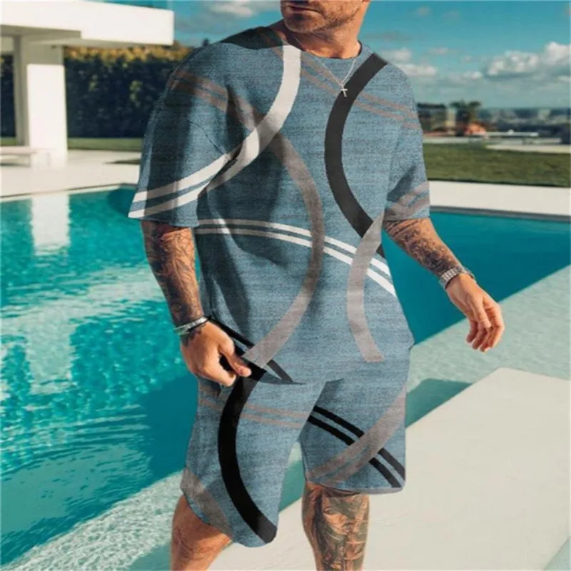 Summer Beach Men\'s Tshirt Set 3D Print Geometric Pattern Men Woman Round Neck T-Shirt Shorts Two Piece Set Casual Man Clothing