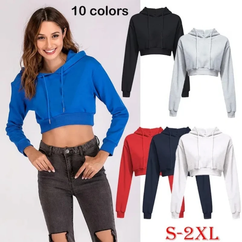 Fashion Women Sexy Casual Cotton Long Sleeve Hooded Short Sweatshirt Flat Angle Top Pullover Hooded Sweatshirt