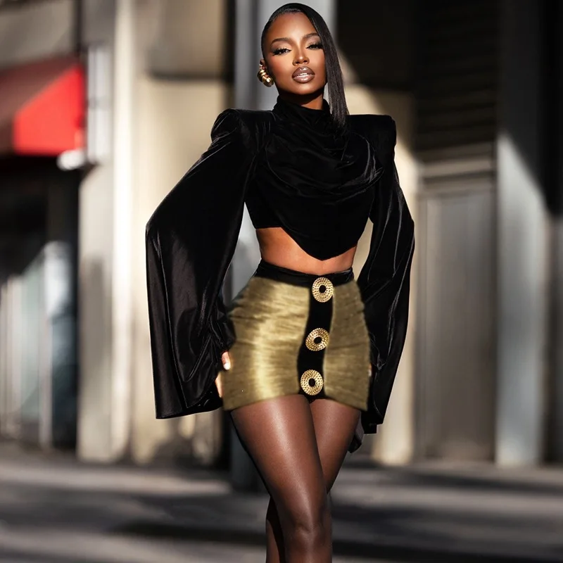 Women Velvet 2 Piece Set Turtleneck Flare Long Sleeve Irregular Crop Tops + Metal Buttons Gilding Patchwork Bodycon Mini Skirts