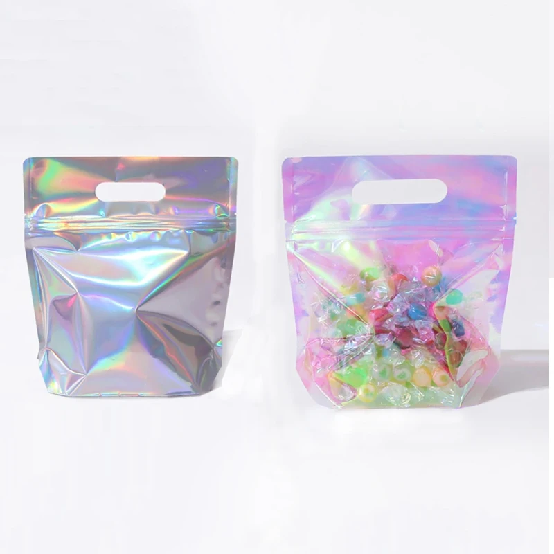 25pcs Pink Silver Holographic Stand up Pouches Aluminum Foil Mylar Zip Lock Handle Bags For Candy Snack Party Gift Package Bag