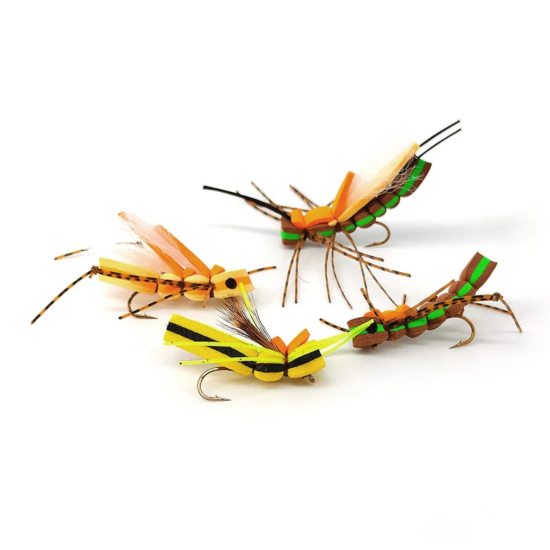 

4PCS/Box Foam Grasshopper Flies Fishing Lures Rubber Legs Foam Body Dry Fly Floating Hopper Trout Bass Fishing Lure Baits