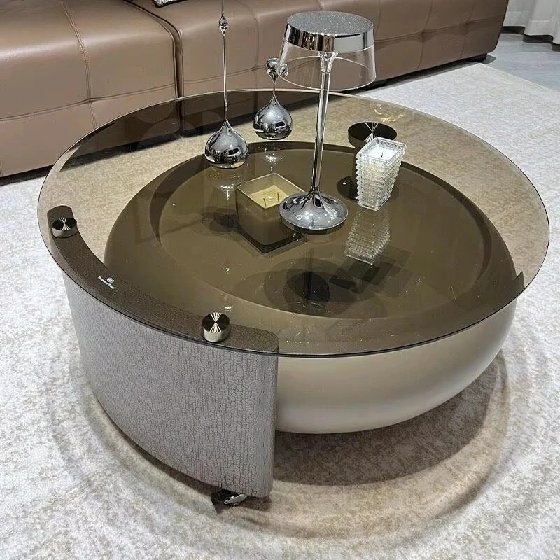 Modern style fiberglass base coffee table glass countertop round living room furniture