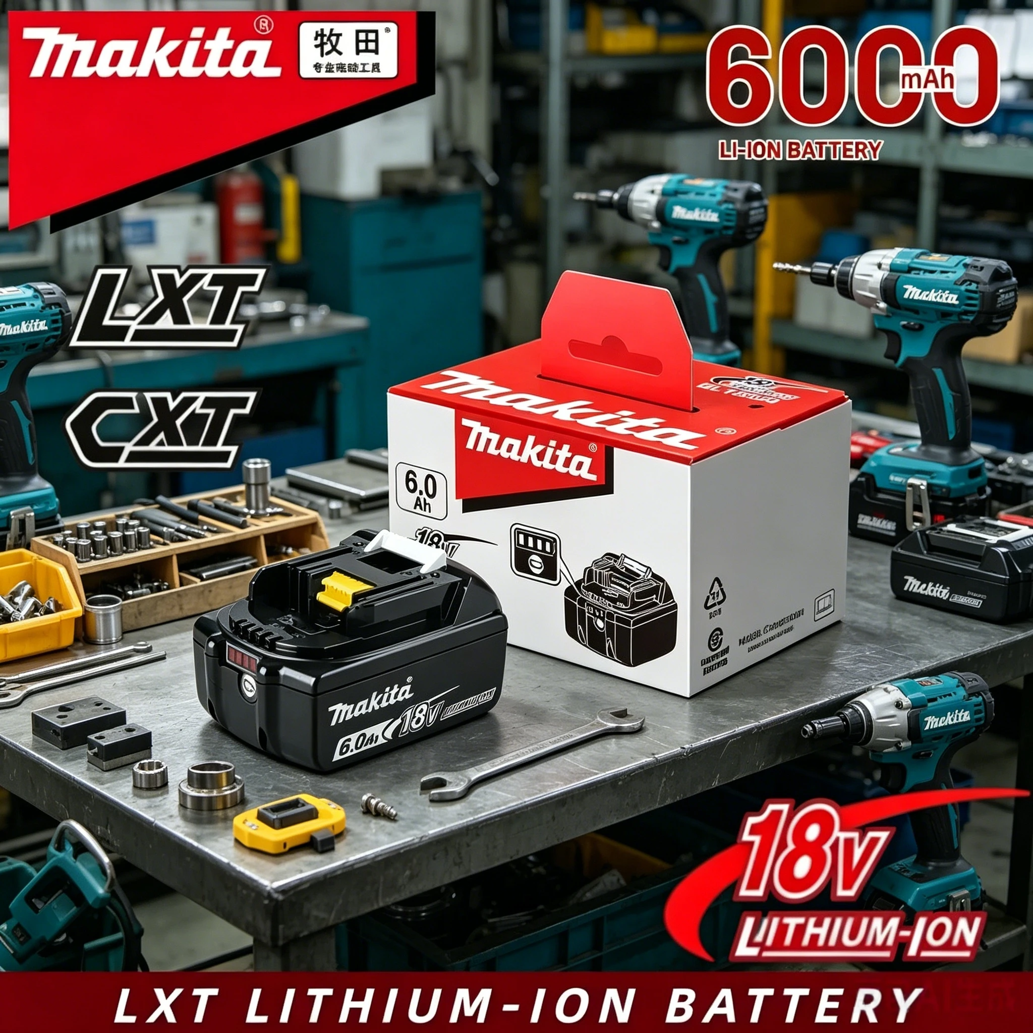 Original Makita BL1860 18V 6Ah Lithium Battery, Compatible with BL1815 BL1830B BL1840 BL1850 LXT Cordless Tools
