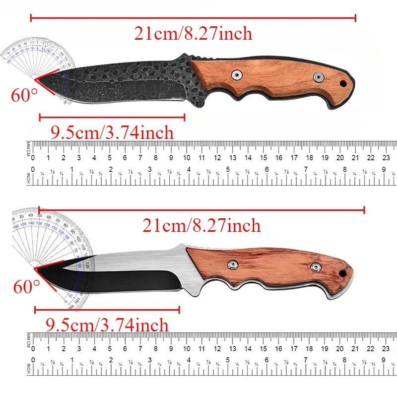 Outdoor Straight Knife, Wooden Handle, Stainless Steel Blade, Travel Camping Cutting Tool with Knife Cover