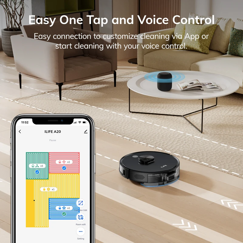 ILIFE A20 Robot Vacuum and Mop Combo, LiDAR Navigation, 3000Pa Suction, Smart Mapping, App/Alexa Control, Ideal for Pet Hair