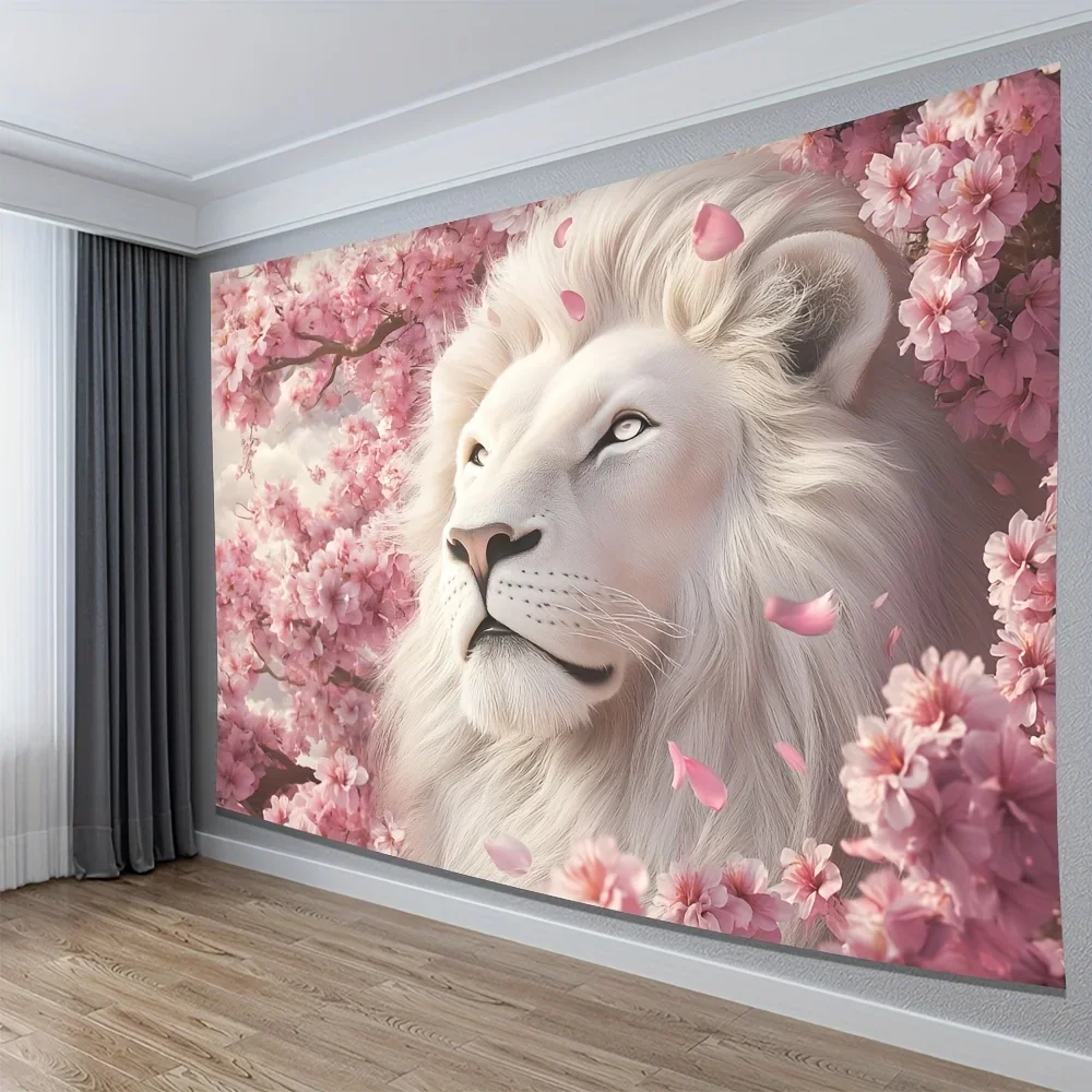 Large Aesthetic Lion and Sakura Flower Tapestry Wall Art Mural Bohemian Style Decor Print for Bedroom Living Room Home