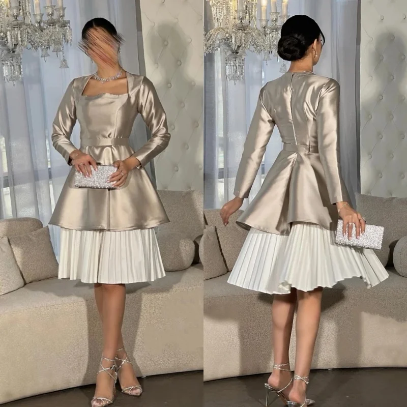 Ball Dress Saudi Arabian Satin Pleated Formal Evening Dress A-line Square Neck Customized Occasion Dress Knee Length Dress 2024