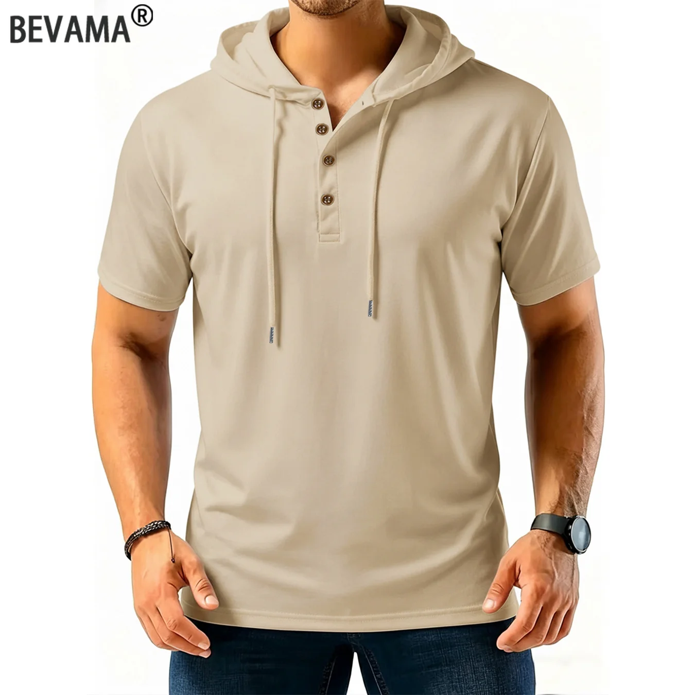 Men Short Sleeve Hooded T Shirts Henley Quarter Button Placket Drawstring Hood Casual Lightweight Athletic Tops