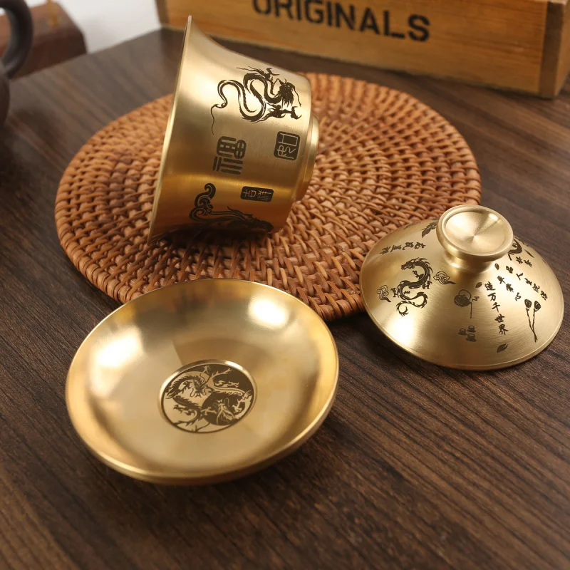 Brass Dragon and Phoenix Hundred Blessings Gaiwan Three-Piece Set Creative Ceremony Ornament Daily Gift Tea Cup Palace Style