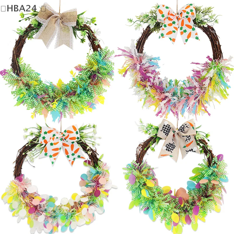 New Easter Wreaths Egg Bunny Color Strips Decorative Door Hanging Spring Party Decorative Rattan Ring Pendant