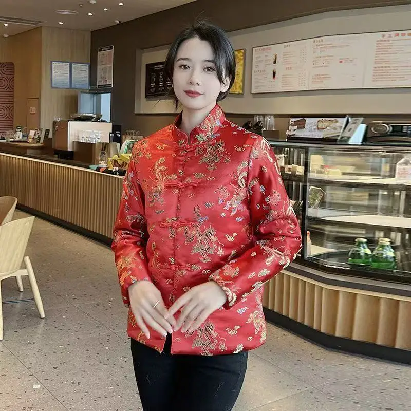 

New Chinese Style Satin Coat Women's Traditional Dragon Phoenix Elements Button Tops Festive Christmas Tang Suits Female Jacket