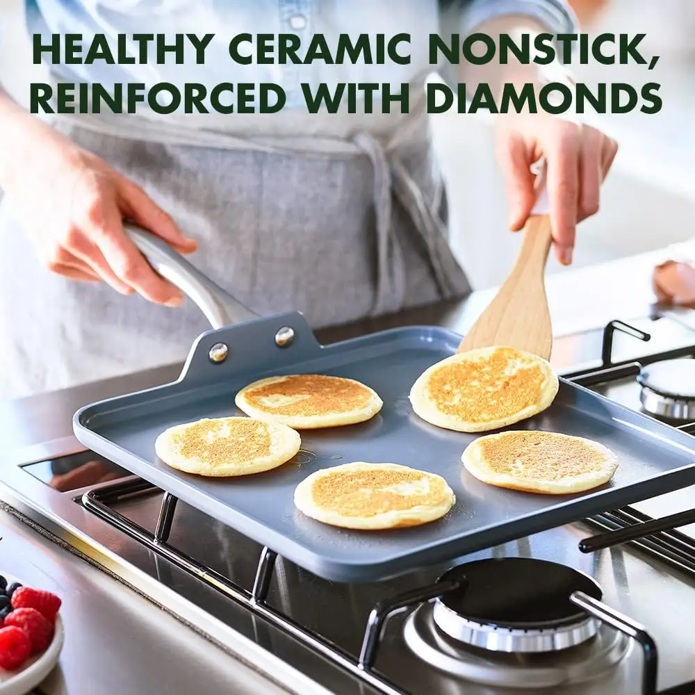 11-Inch Square Griddle Pan, Hard Anodized Ceramic Nonstick Cookware, PFAS-Free Nontoxic Pots and Pans, Oven and Broiler Safe, Stainless Steel Handle, Egg and Omelet Pan, Gray