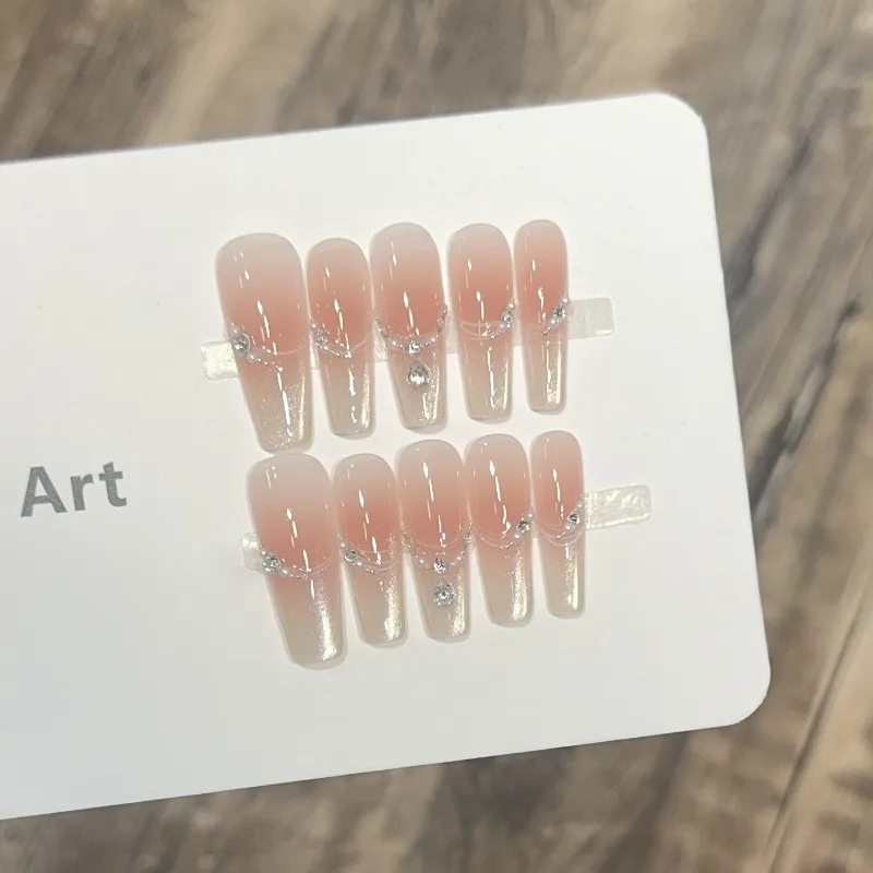 

10 шт. накладных ногтей ручной работы с эффектом кошачьего глаза, стразами, клеем и наклейками, для девочек, весна-лето 2026