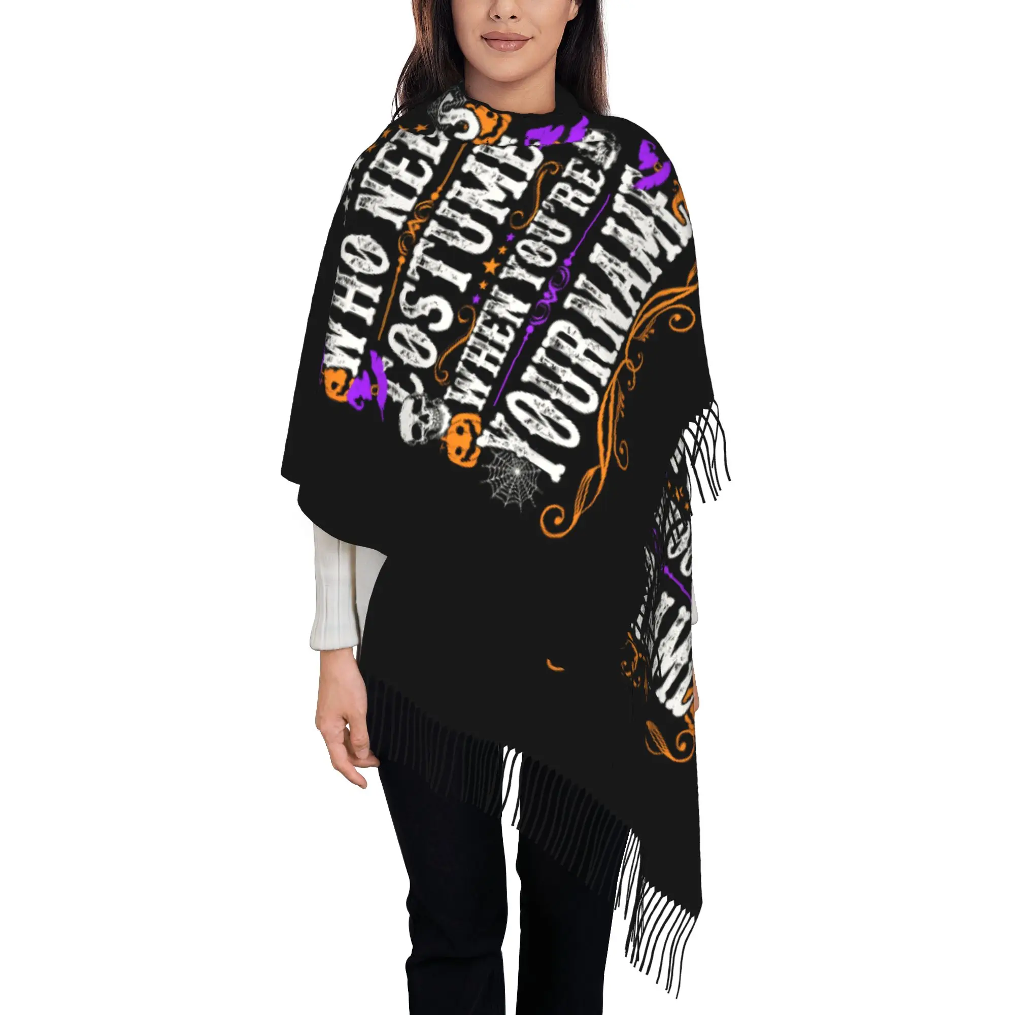Custom Name Halloween  Tassel Scarf Women Winter Warm Shawls Wraps Lady Who Needs Costumes Skull Witch Hat Pumpkin Scarves