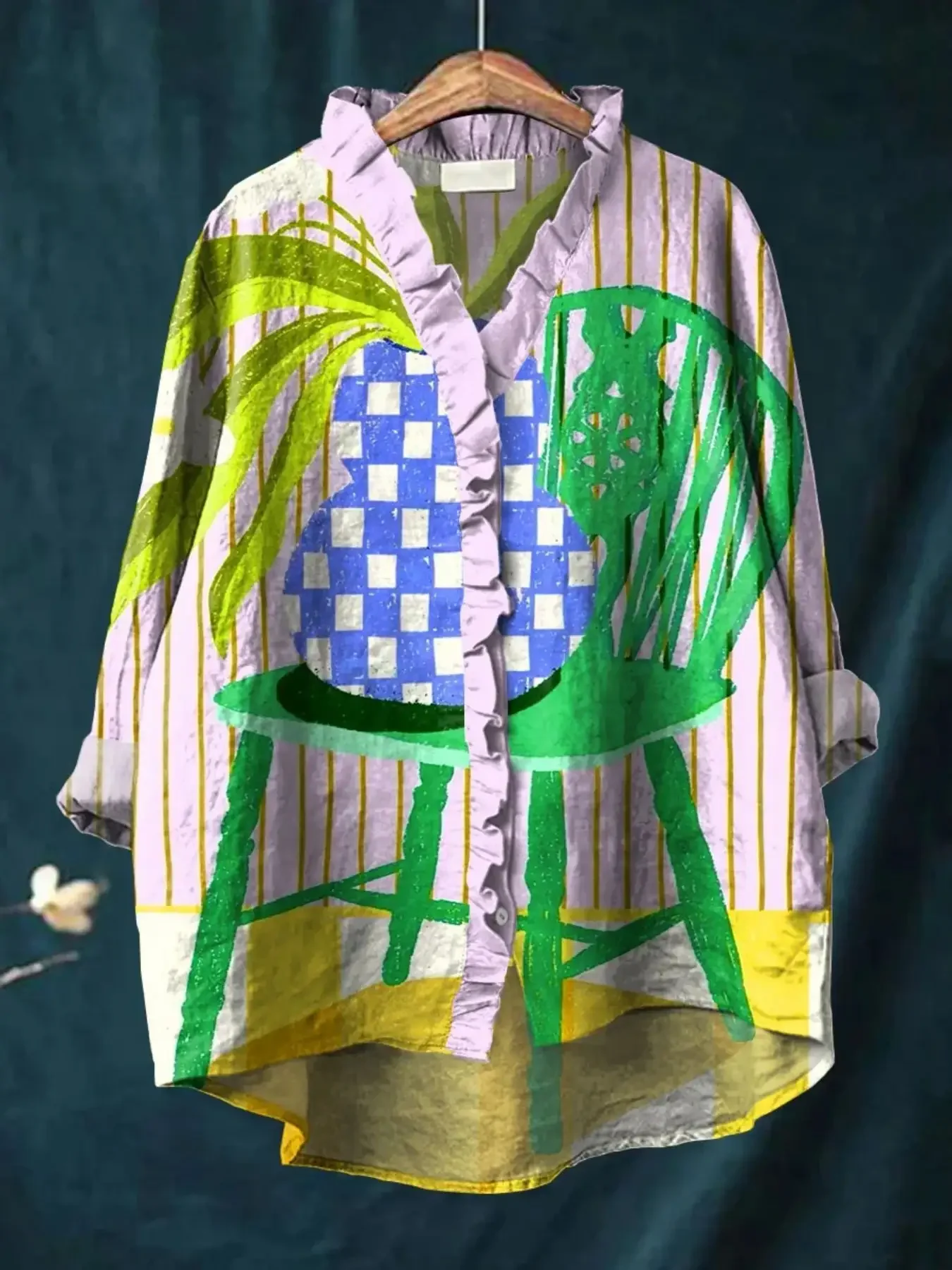 2026 new women's printed long sleeved shirt with ruffled collar, Dress up for date night tops