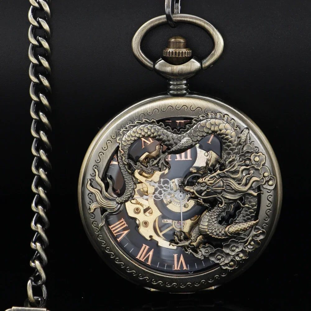 Bronze Hollow Fly Dragon Display Half Hunter Mechanical Pocket Watch Cool Antique Pendant Manual Mechanism Pocket Clock Gifts