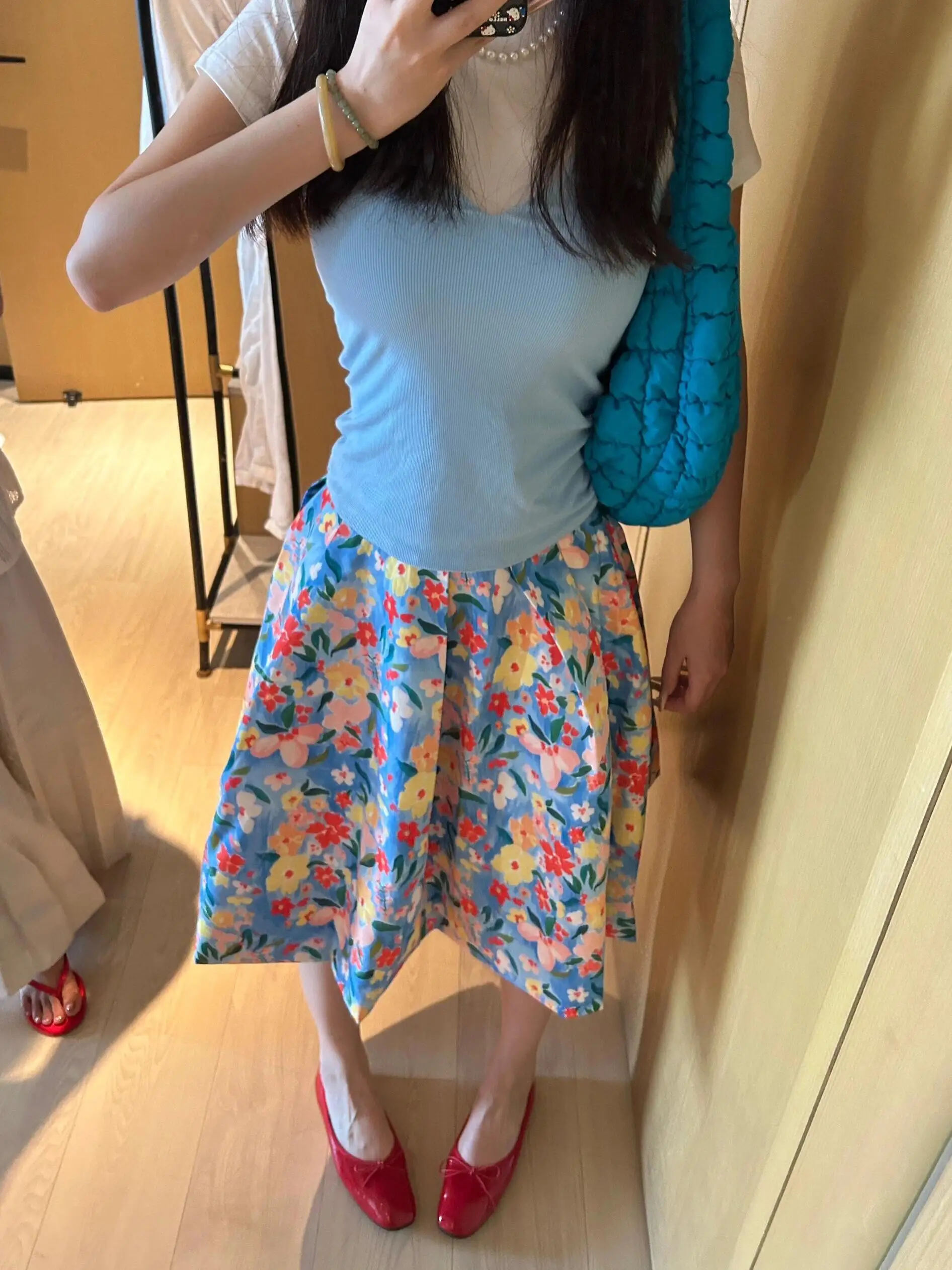 Summer New Style Women's High Waist A-Line Midi Skirt Floral Print Casual Puffy Bloomer Skirt Versatile Casual Mid-Length Dress