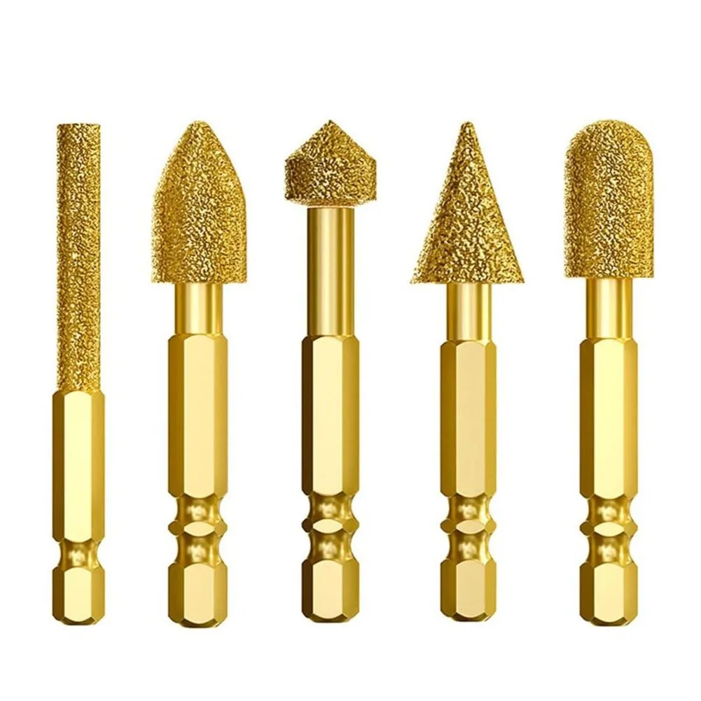 Set of 5 Grinding Head Drill Bits with Emery Coating and Hex Shank for Rust Removal and Detailed Jade Carving Applications