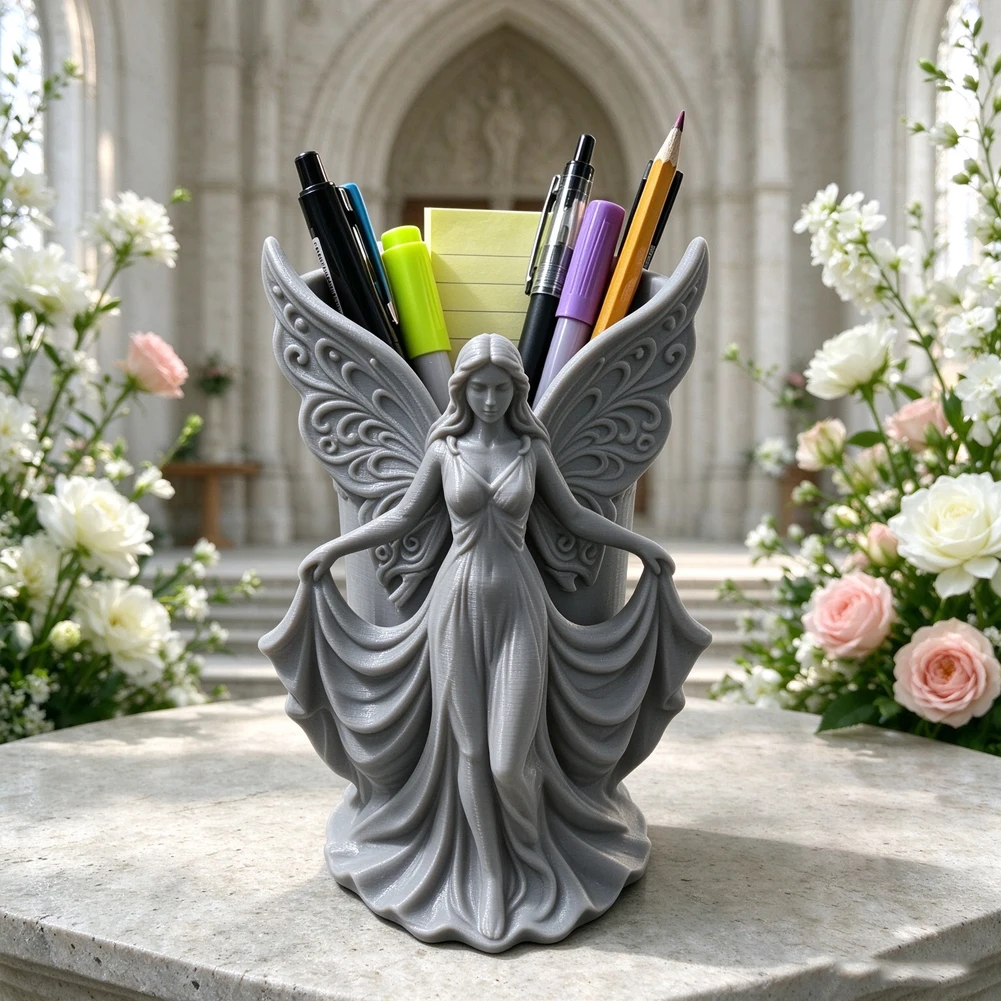 3D Printed Angel Pen Holder Large Capacity Butterfly Wings Girl Makeup Brush Pot Art Sculpture Pencil Storage Rack Desk Decor