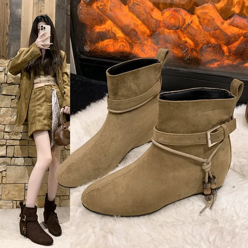 

Mid Heeled Ankle Boots Women Bead Sandblasted Retro Short Boots, Autumn Winter Height Increasing Pointed Toe Women's Boots