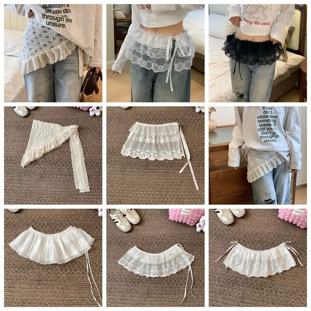 Y2K Sweet Lace Mini Skirt Korean Style Flower Gauze Skirt Lace-up Hight Waist Ruffled Edge Skirt Female