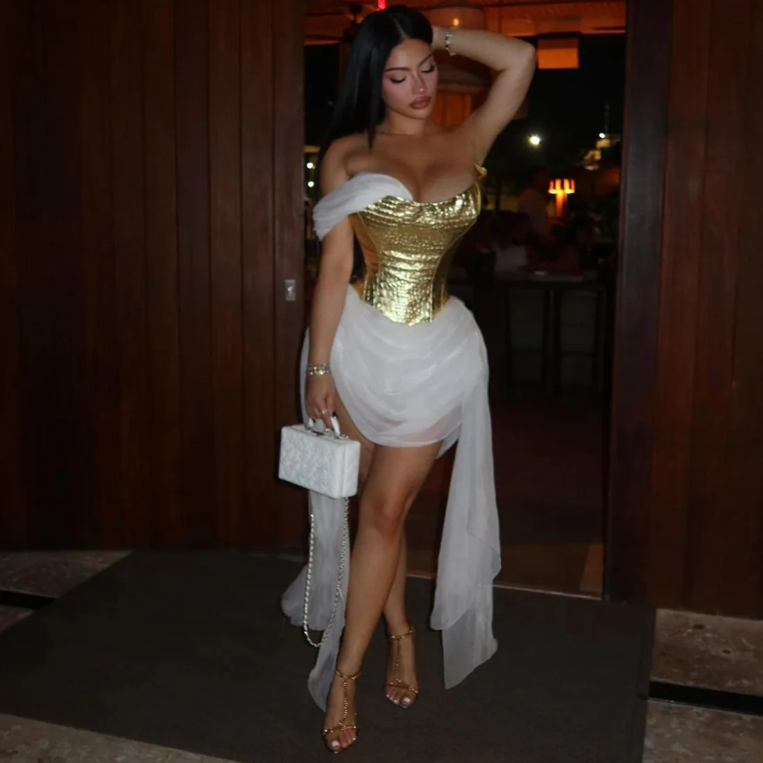 

Ribbon Mesh Patchwork PU Leather Corset Mini Dress Women Sexy Strapless One Shoulder Backless Ruched Birthday Party Clubwear