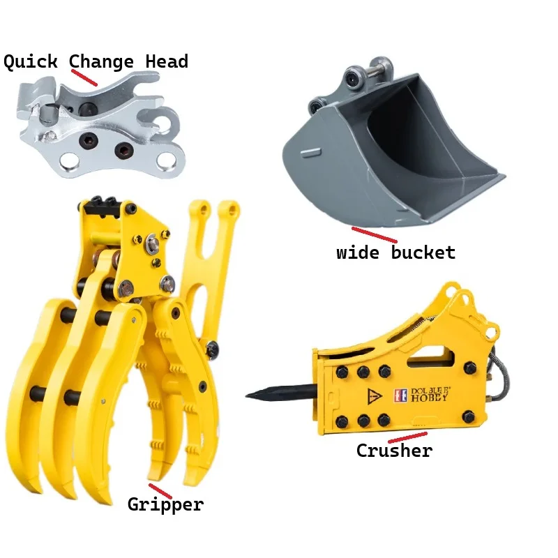 Double E EC160E Metal Quick Hitch Coupler/ Big Bucket/ Gripper/ Hammer for RC 1:14 E010 E111 Hydraulic Excavator Model