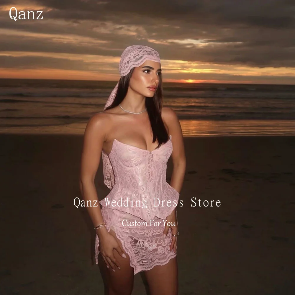 

Qanz Pink Lace Mini Prom Dress Sweetheart Sexy Short Vestido De Fiesta Lujo Backless 2 Pieces Birthday Party Gowns Customized