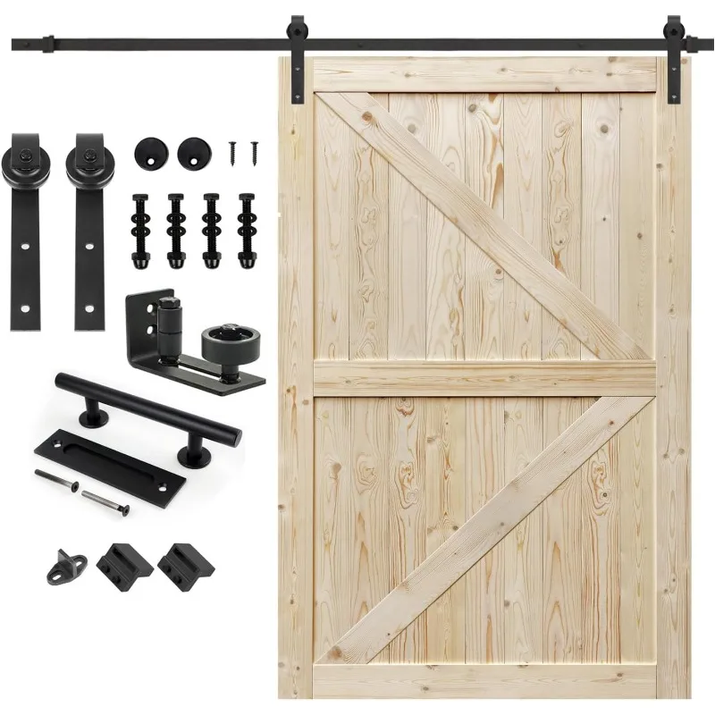 60 in. x 84 in. Unfinished British Brace Knotty Barn Door with 10FT Sliding Door Hardware Kit/Solid Wood/Sliding Door/Double