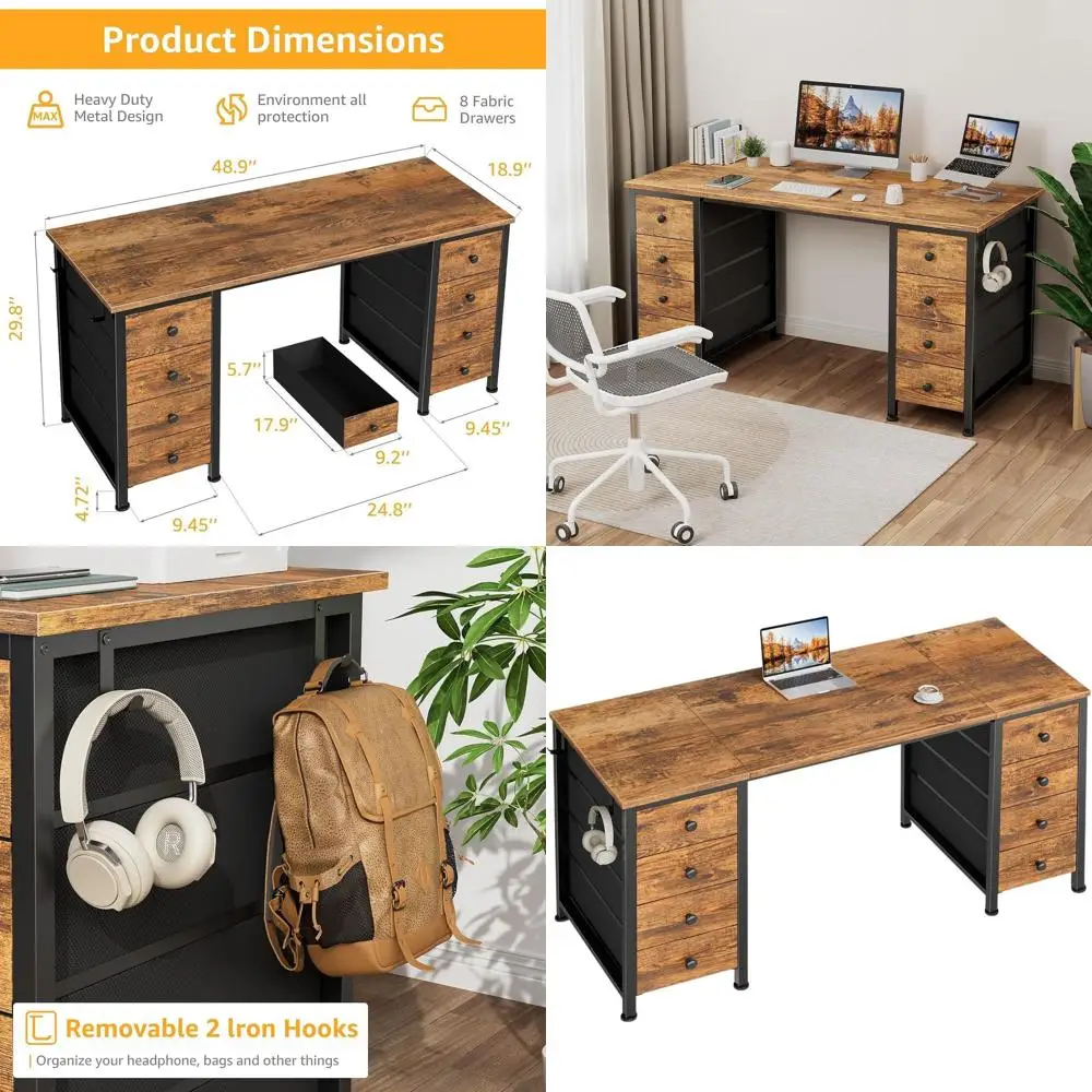 

47 Double-Sided Fabric Drawers Home Office Desk, 8 Drawers, Rustic Brown