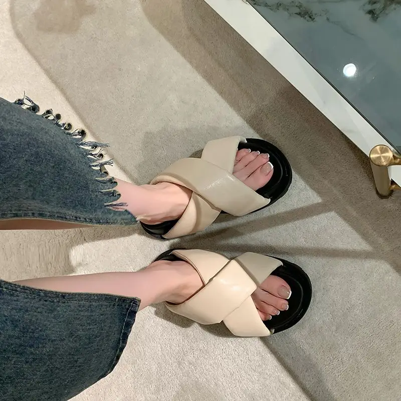 Summer Height Slides High Up to 5cm Heel Woman Slippers Off White Sandals Rubber Open Toe Shoes for Women 2024 Easy Wears Casual