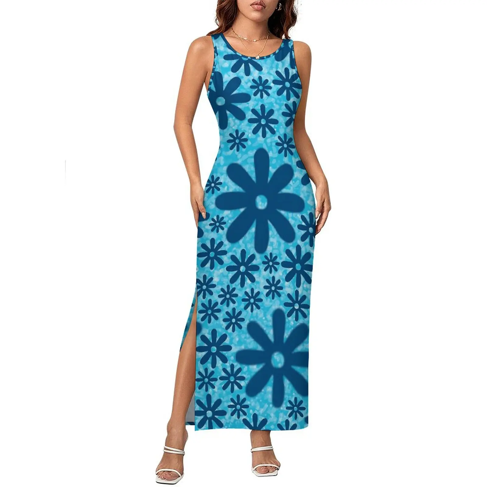 Blue Daisy Print Dress Sleeveless Retro Flowers Aesthetic Maxi Dresses Elegant Bodycon Dress Female Design Big Size Vestido