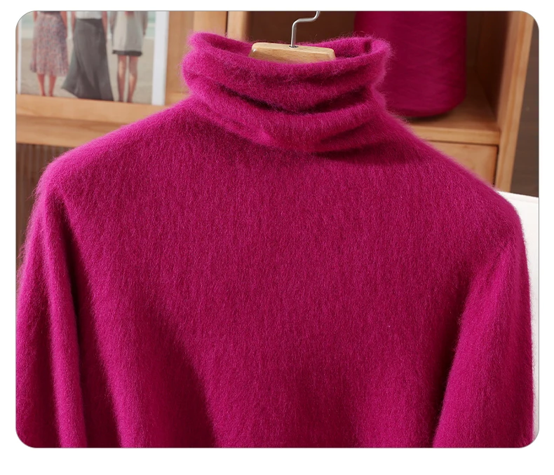100% Pure Mink Fur Sweater Women's Pullover High Neck Knitted Sweater Autumn Winter New Item Pile Collar Thick Soft Base Sweater