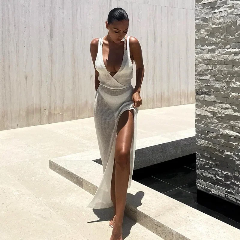 

Fashion Sexy Knit White Maxi Dress Cover Up Bikini Beach Women Swimwear Hollow Out See-through Backless Long Dresses Bandage