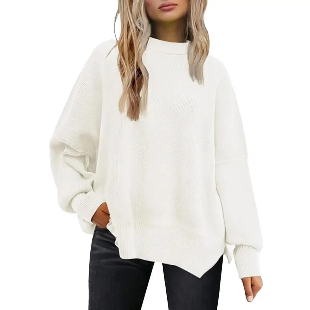 Cozy Knitted Pullover Sweater Cozy Women's Winter Sweater Soft Warm Stylish Pullover with Split Hem Batwing Sleeves for Women