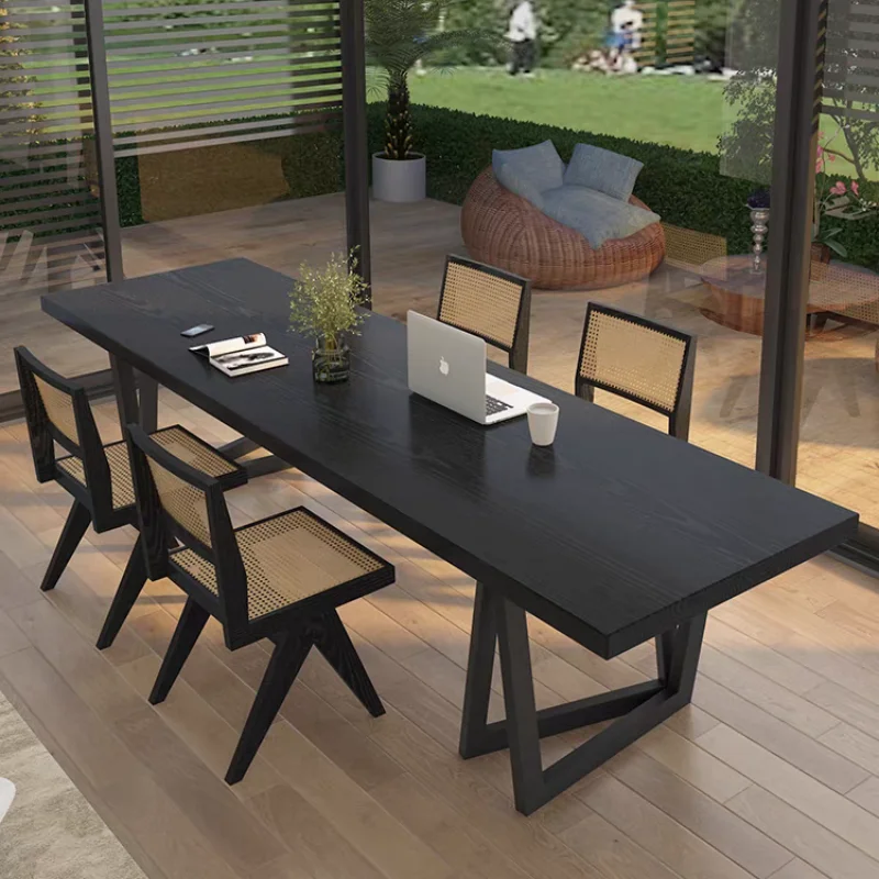 ！@Modern Luxury Light Office Study Black Solid Wood Computer Desk Chair Combination Large Worktable Board for Living Room