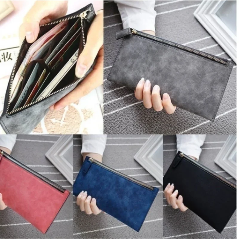 محفظة جلد طبيعي بسحاب للنساء ، يابانية وكورية ، طبقة أولى من جلد البقر ، حقيبة كبيرة ، نمط نابا