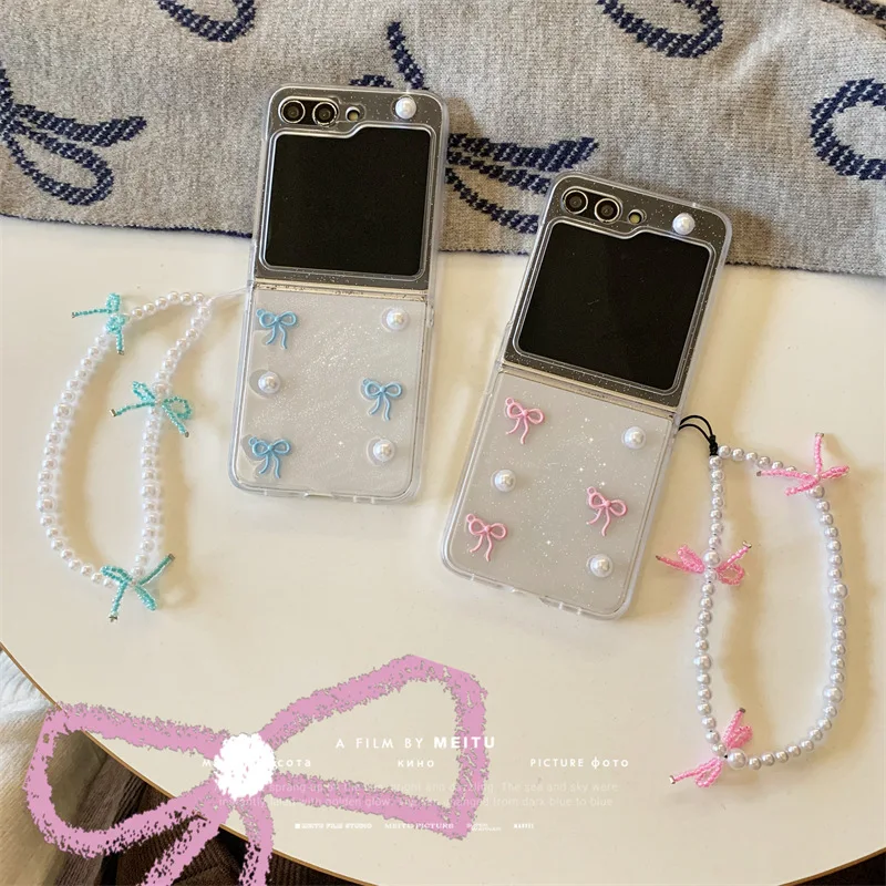 

Pink Blue Bowknot Pearl Phone Case for Samsung Galaxy Z Flip 6 5 4 Protective Back Cover for ZFlip4 ZFlip5 ZFlip6 Case