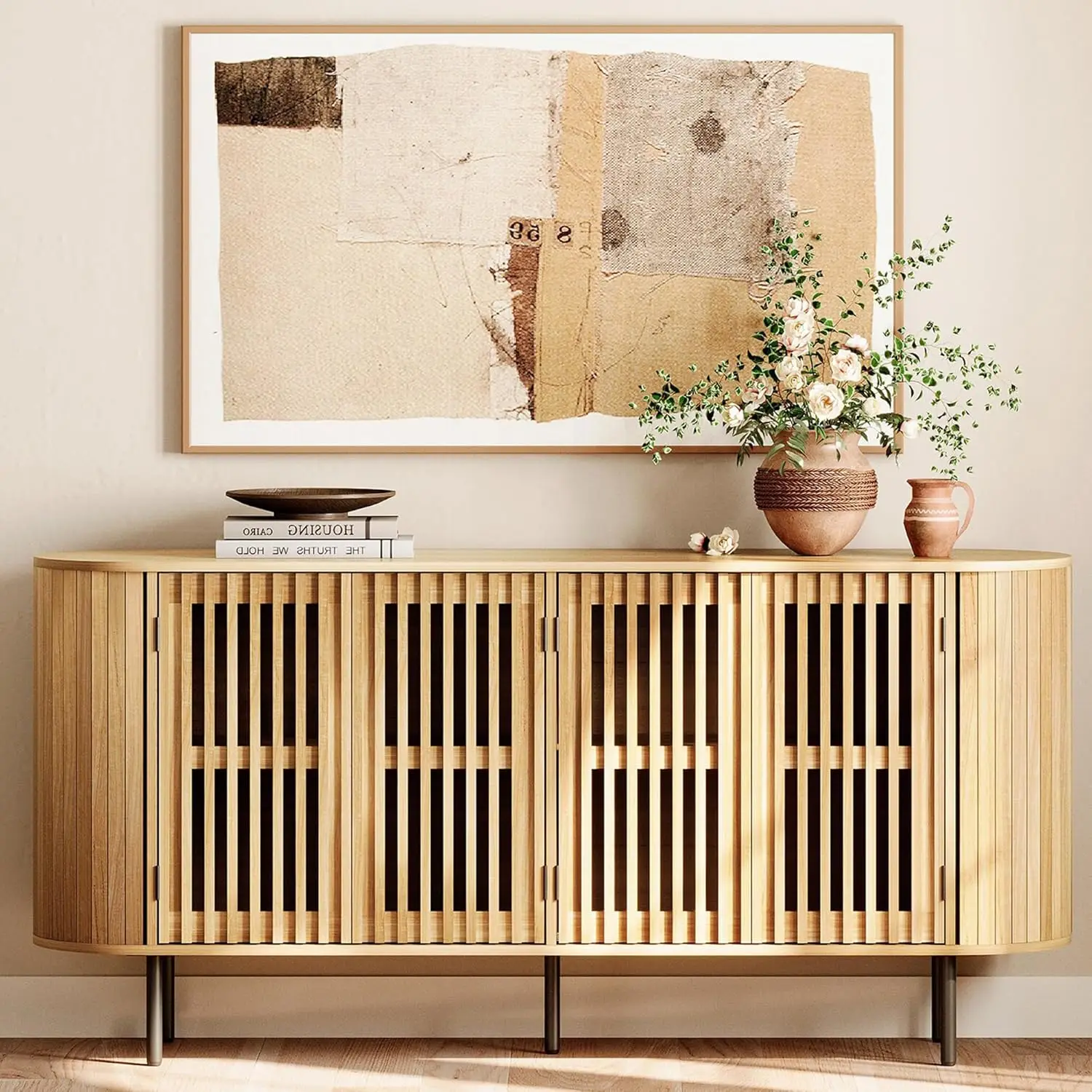 

66" Fluted Wood Sideboard Buffet Cabinet 4 Doors Mid Century Modern Credenza Dining Living Kitchen Oak, Customized