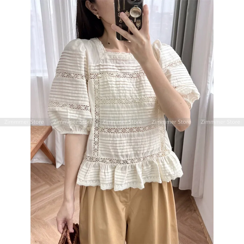 

Fashion Women's clothing 2024 early autumn new off-white crochet trim sewn pleated cotton shirt top